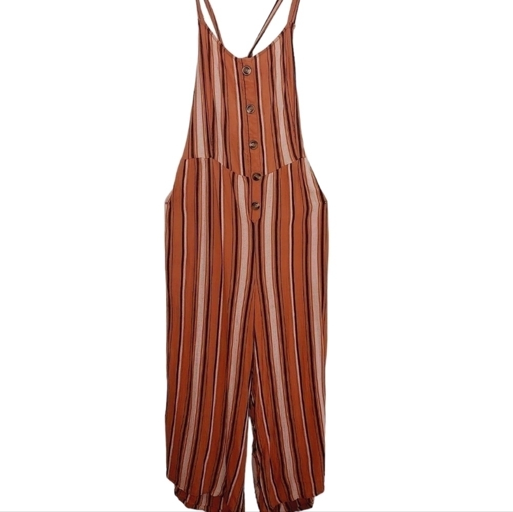 American Eagle Jumpsuit Open Tie Back Flared Romper Striped Pocket Large Viscose